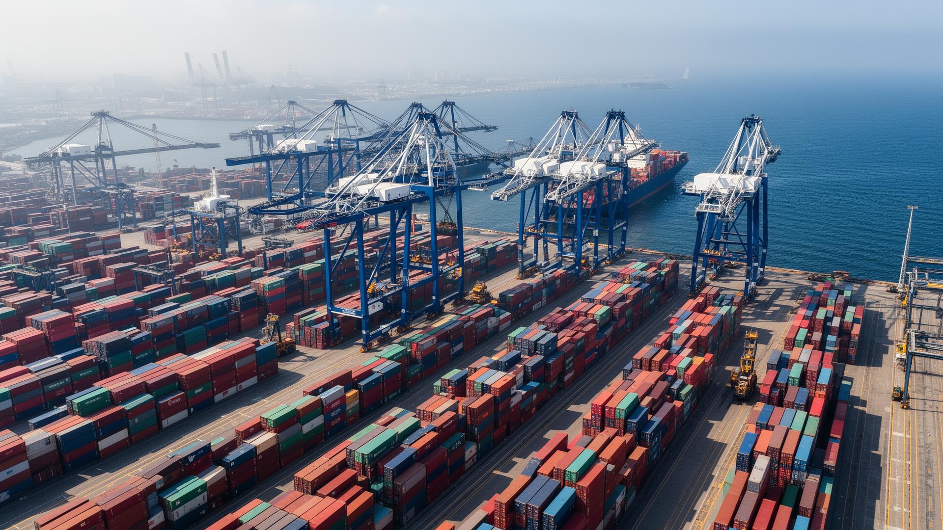 Container terminal with ship-to-shore gantry cranes loading a container vessel